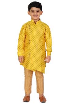 Yellow Embellished Silk Cut Kurta Pajama Set