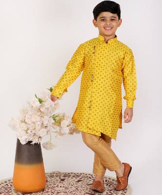 Yellow Embellished Silk Cut Kurta Pajama Set 2