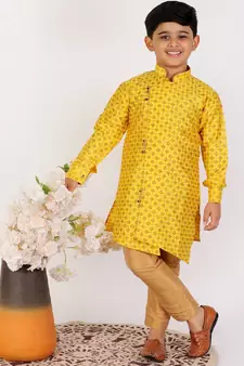 Yellow Embellished Silk Cut Kurta Pajama Set