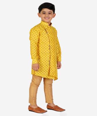 Yellow Embellished Silk Cut Kurta Pajama Set 3