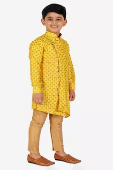 Yellow Embellished Silk Cut Kurta Pajama Set
