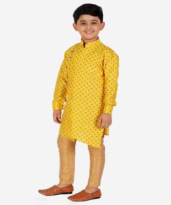 Yellow Embellished Silk Cut Kurta Pajama Set 4