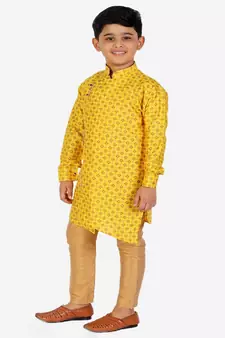 Yellow Embellished Silk Cut Kurta Pajama Set
