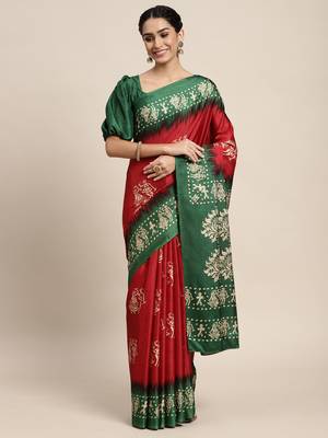 SAREE MALL Women's Manipuri Silk Red Printed Celebrity Saree With Blouse Piece 1