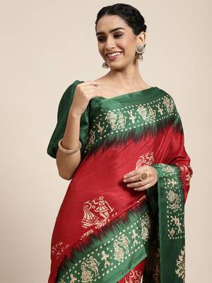 SAREE MALL Women's Manipuri Silk Red Printed Celebrity Saree With Blouse Piece 3