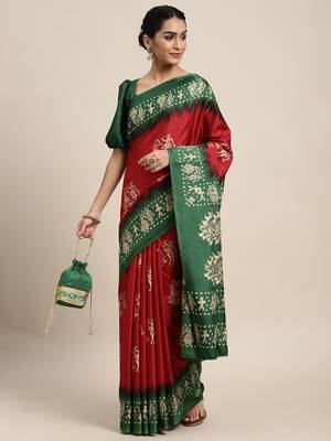 SAREE MALL Women's Manipuri Silk Red Printed Celebrity Saree With Blouse Piece 4
