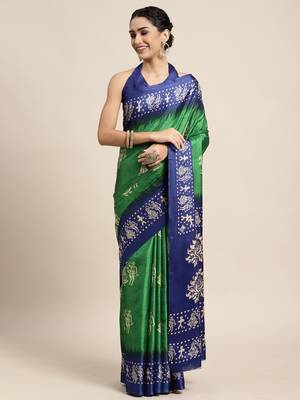 SAREE MALL Women's Manipuri Silk Green Printed Celebrity Saree With Blouse Piece 1