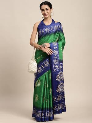 SAREE MALL Women's Manipuri Silk Green Printed Celebrity Saree With Blouse Piece 4