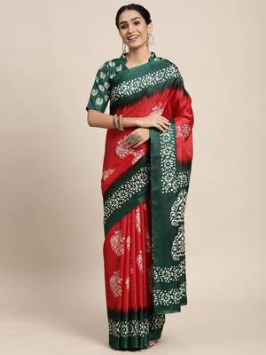 SAREE MALL Women's Manipuri Silk Red Printed Celebrity Saree With Blouse Piece 1