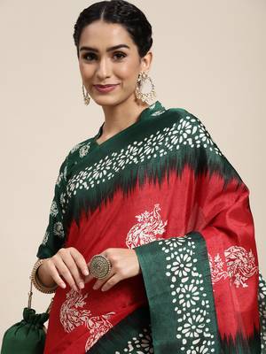 SAREE MALL Women's Manipuri Silk Red Printed Celebrity Saree With Blouse Piece 3