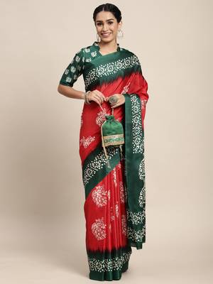 SAREE MALL Women's Manipuri Silk Red Printed Celebrity Saree With Blouse Piece 4