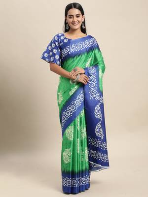 SAREE MALL Women's Manipuri Silk Green Printed Celebrity Saree With Blouse Piece 1
