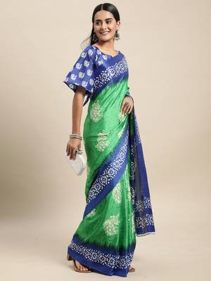 SAREE MALL Women's Manipuri Silk Green Printed Celebrity Saree With Blouse Piece 5