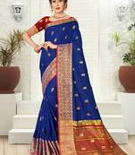 Navy blue woven silk saree with blouse
