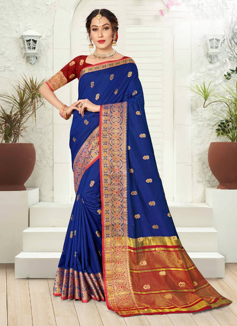 Navy blue woven silk saree with blouse