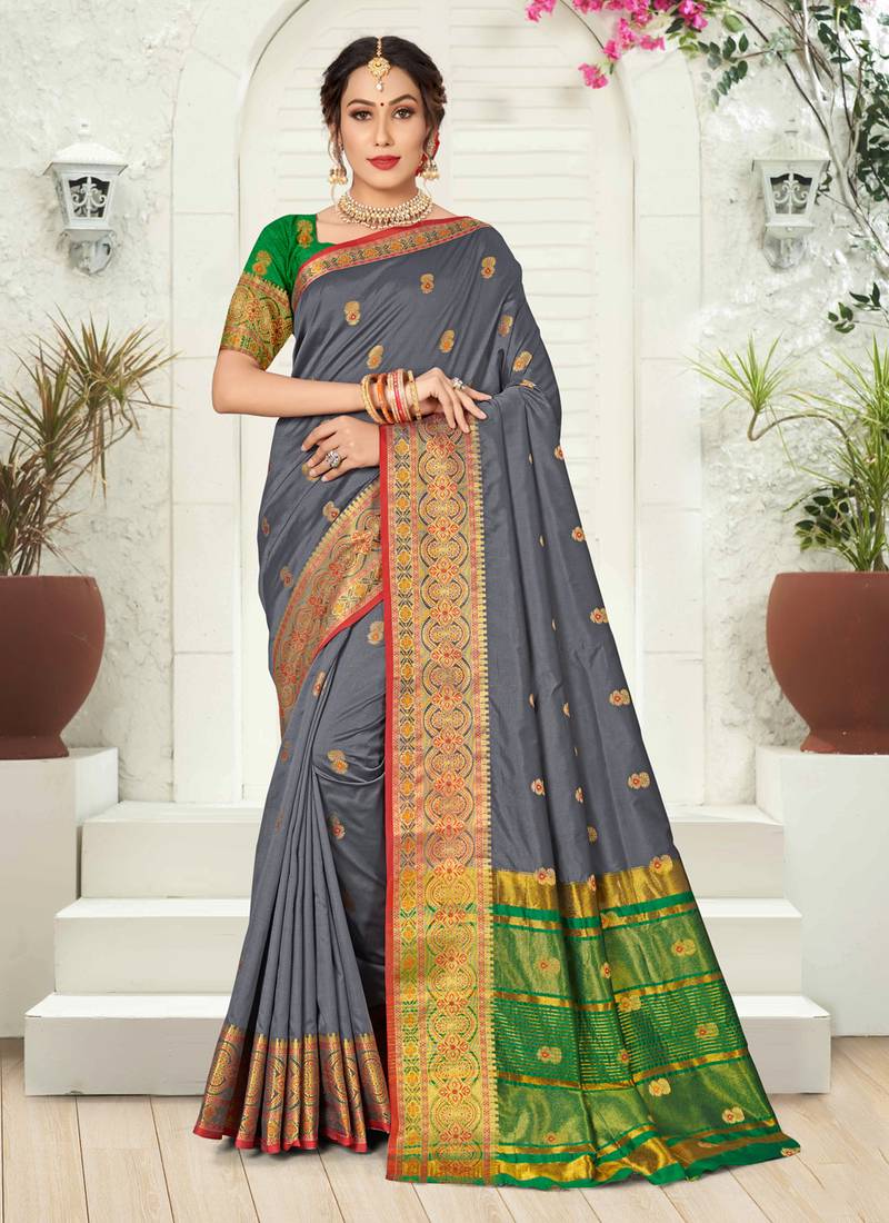 Grey woven silk saree with blouse