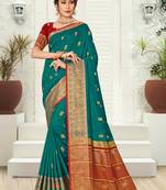 Teal woven silk saree with blouse
