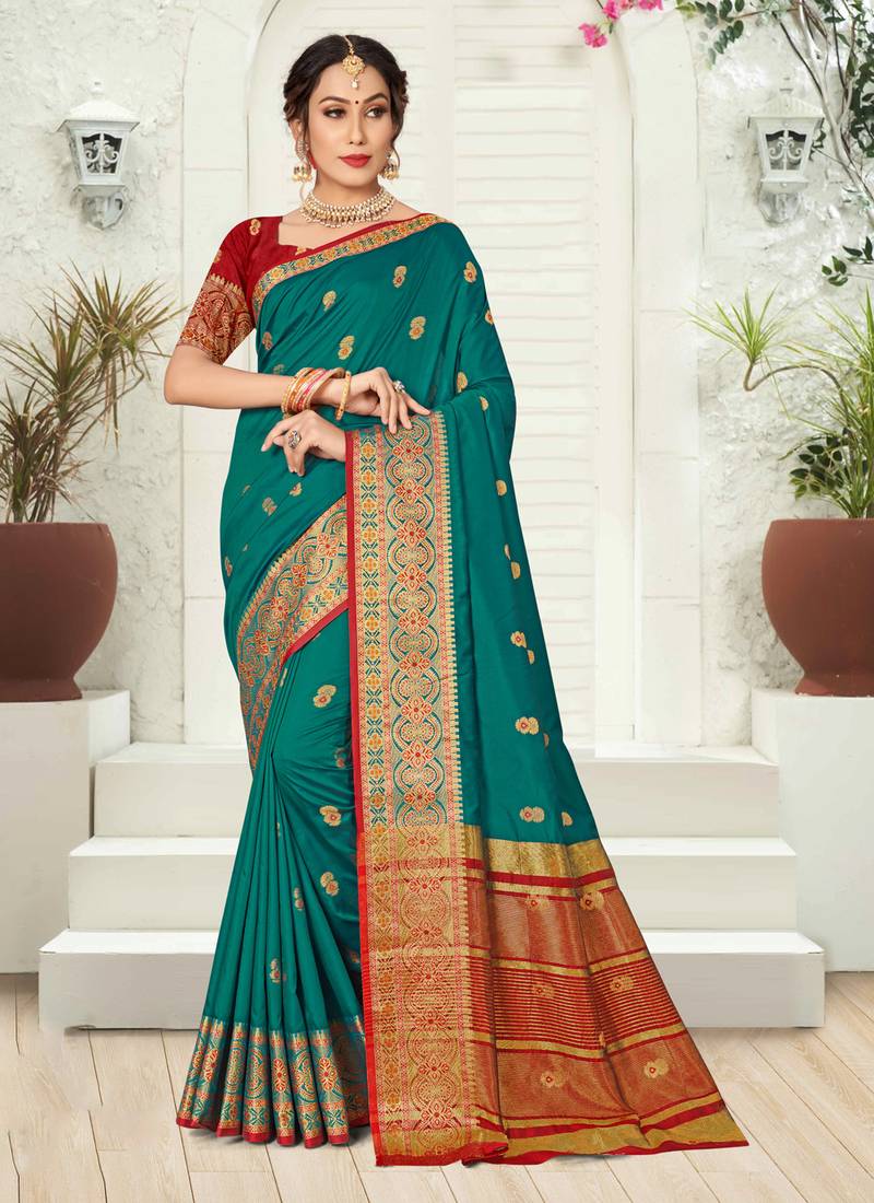 Teal woven silk saree with blouse