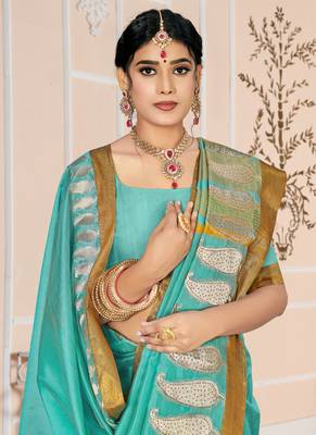 Sky blue embroidered cotton saree with blouse 2