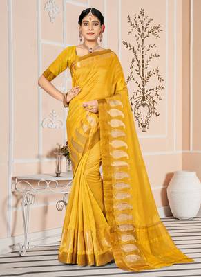 Yellow embroidered cotton saree with blouse 1