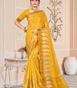 Yellow embroidered cotton saree with blouse