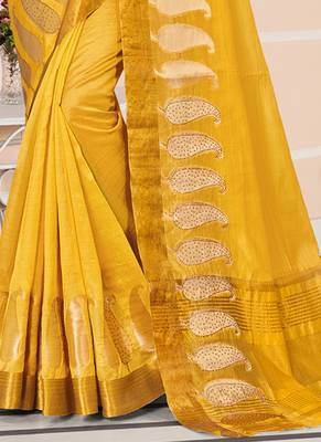 Yellow embroidered cotton saree with blouse 3