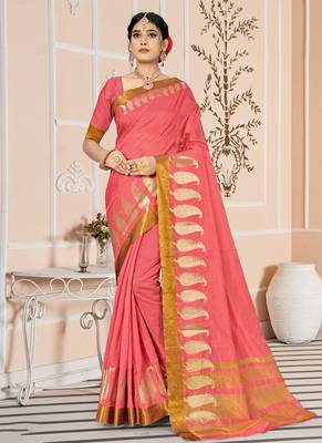 Pink embroidered cotton saree with blouse 1