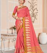 Pink embroidered cotton saree with blouse