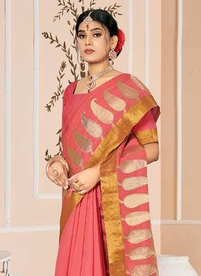 Pink embroidered cotton saree with blouse 2