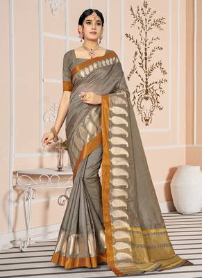 Grey embroidered cotton saree with blouse 1