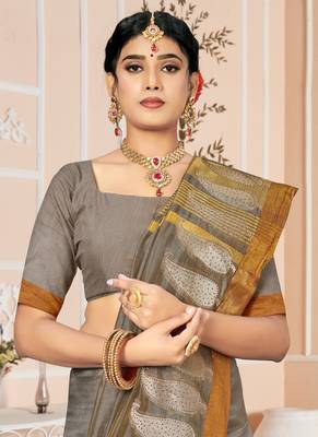 Grey embroidered cotton saree with blouse 2