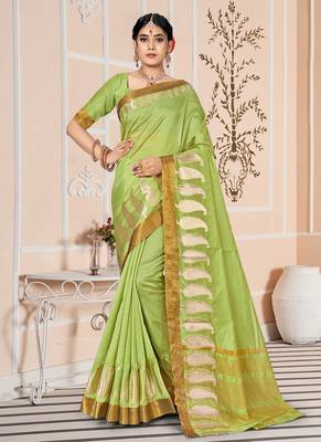 Green embroidered cotton saree with blouse 1
