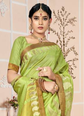Green embroidered cotton saree with blouse 2