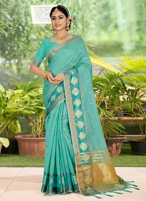 Sky blue embroidered organza saree with blouse 1