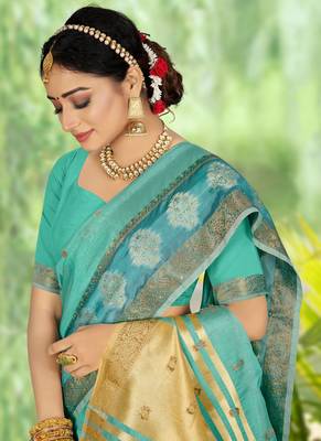 Sky blue embroidered organza saree with blouse 2
