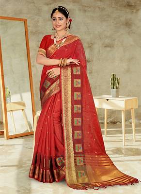 Red embroidered organza saree with blouse 1