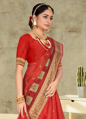 Red embroidered organza saree with blouse 2