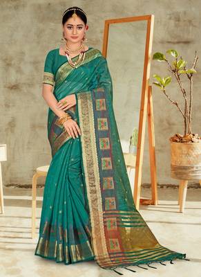 Turquoise embroidered organza saree with blouse 1