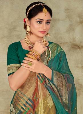 Turquoise embroidered organza saree with blouse 2