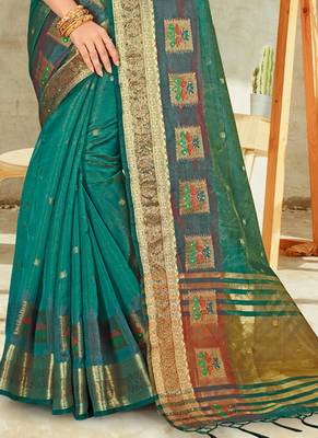 Turquoise embroidered organza saree with blouse 3