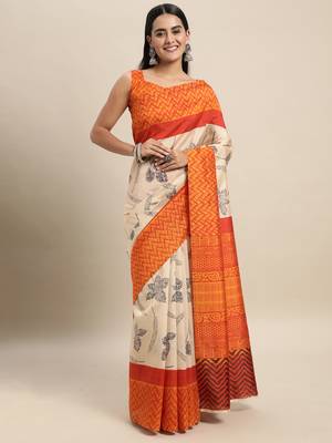 SAREE MALL Women's Bhagalpuri Silk Cream Printed Celebrity Saree With Blouse Piece 1