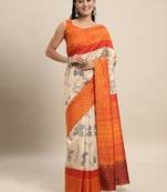 SAREE MALL Women's Bhagalpuri Silk Cream Printed Celebrity Saree With Blouse Piece
