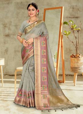Grey embroidered organza saree with blouse 1