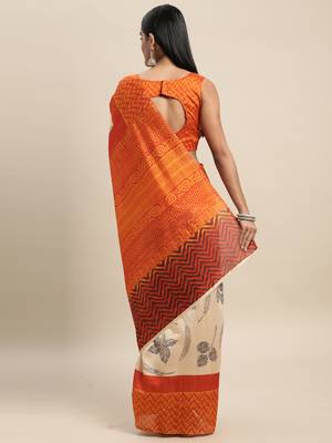 SAREE MALL Women's Bhagalpuri Silk Cream Printed Celebrity Saree With Blouse Piece 2