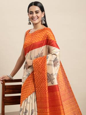 SAREE MALL Women's Bhagalpuri Silk Cream Printed Celebrity Saree With Blouse Piece 3