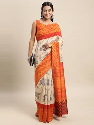 SAREE MALL Women's Bhagalpuri Silk Cream Printed Celebrity Saree With Blouse Piece 4
