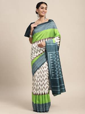 SAREE MALL Women's Silk Blend Off White Printed Celebrity Saree With Blouse Piece 1
