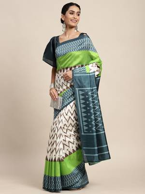 SAREE MALL Women's Silk Blend Off White Printed Celebrity Saree With Blouse Piece 3