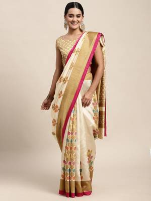 SAREE MALL Women's Silk Blend Beige Printed Celebrity Saree With Blouse Piece 1