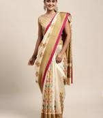 SAREE MALL Women's Silk Blend Beige Printed Celebrity Saree With Blouse Piece